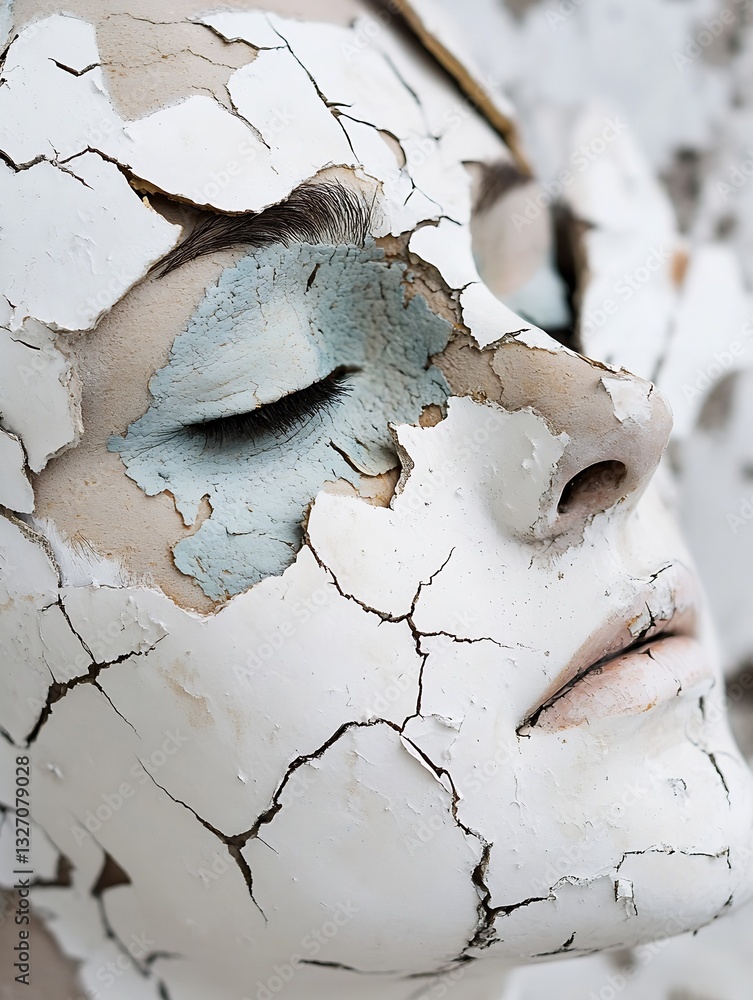 Poster artful representation of a face with cracked skin mimicking a geode appearance : generative ai
