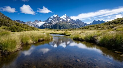 Stunning reflection of snowcapped mountains in a tranquil stream surrounded by lush greenery : Generative AI