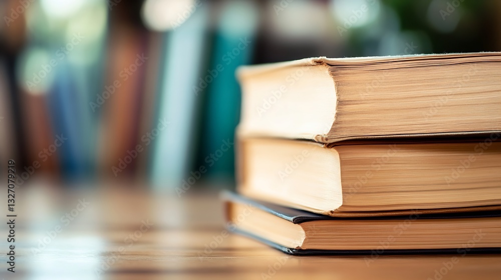 Poster stack of old books on a wooden table in a cozy reading environment : generative ai