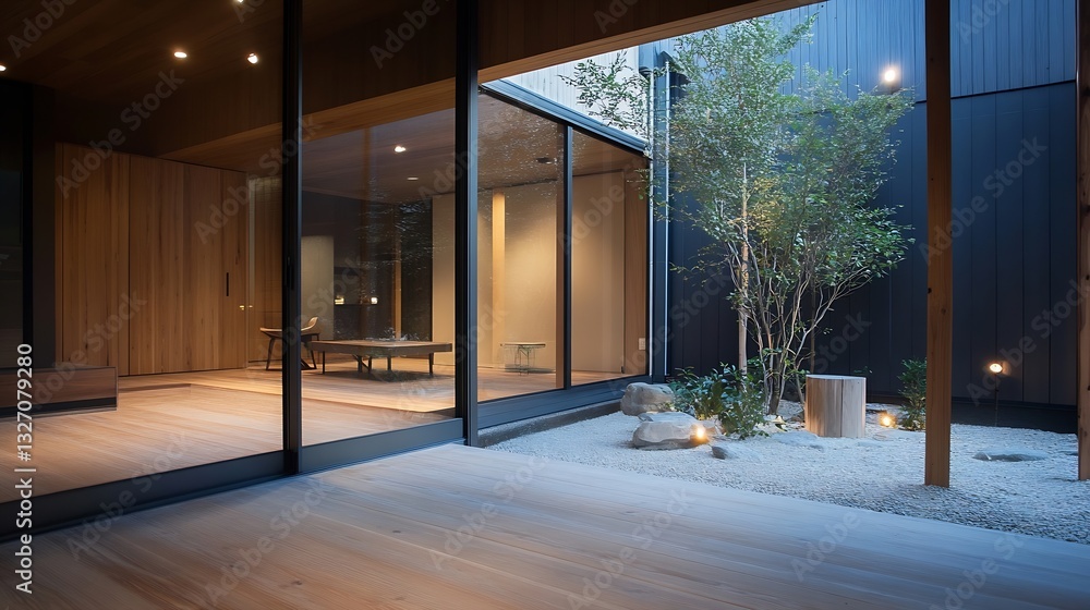 Poster serene japanese inspired courtyard with natural elements and wooden features in a tranquil setting :