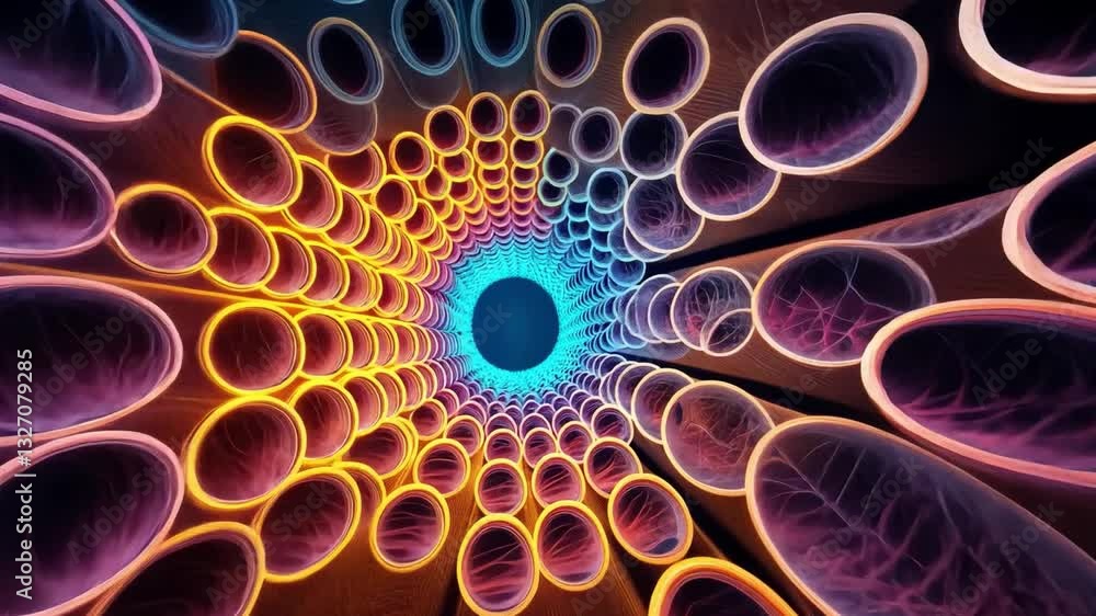 Poster vibrant abstract design of interconnected tubes in orange, blue, and purple, creating depth and move