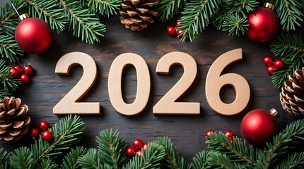 On a wooden background are the numbers 2026, surrounded by fir cones, Christmas toys and red berries.