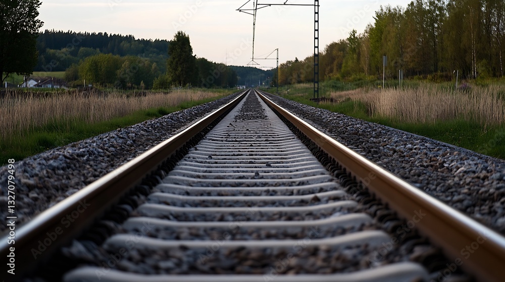 Poster perspective view of railway tracks stretching towards horizon surrounded by lush greenery and peacef