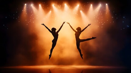 Dancing Silhouette on Stage: Two graceful dancers, captured in silhouette, perform a captivating routine under the warm glow of spotlights, highlighting the elegance and passion of the art form.