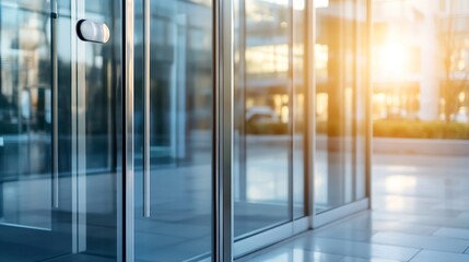 Modern glass entrance doors reflecting sunlight in a sleek urban setting : Generative AI