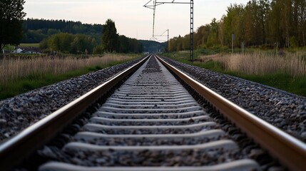 Perspective view of railway tracks stretching towards horizon surrounded by lush greenery and peaceful scenery : Generative AI
