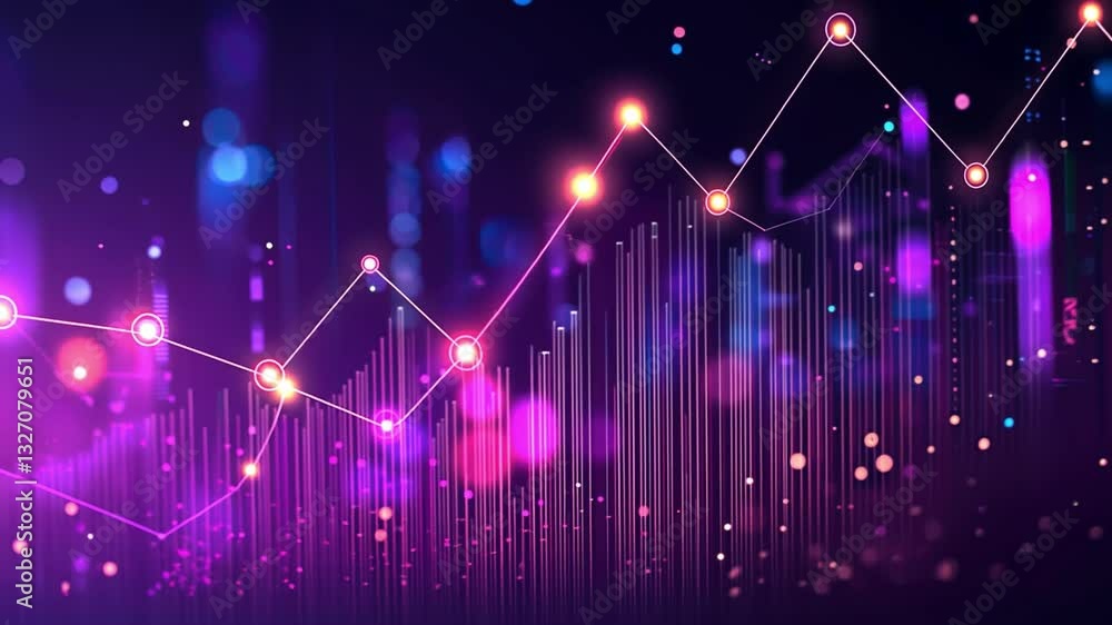 Poster abstract data visualization showcasing colorful lines and glowing dots, illustrating growth and tren