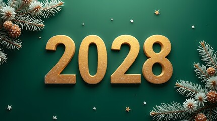 New Year's emerald background with numbers 2028, decorated with fir branches with cones. Stylish New Year's background.