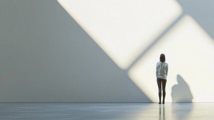 Obraz premium Solitary Figure in Sunlit Minimalist Space: Contemplation and Introspection