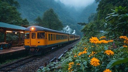 Obraz premium Scenic Yellow Train Journey Through Lush Green Mountain Valley Foggy Atmosphere