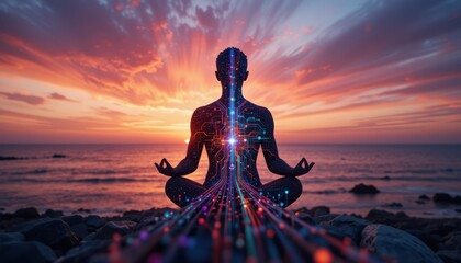 Meditative energy connection at sunset beach digital artwork serene atmosphere inspirational viewpoint