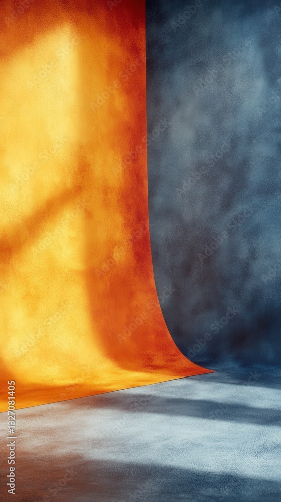 Poster abstract studio background featuring a vibrant orange backdrop and a contrasting dark blue wall crea