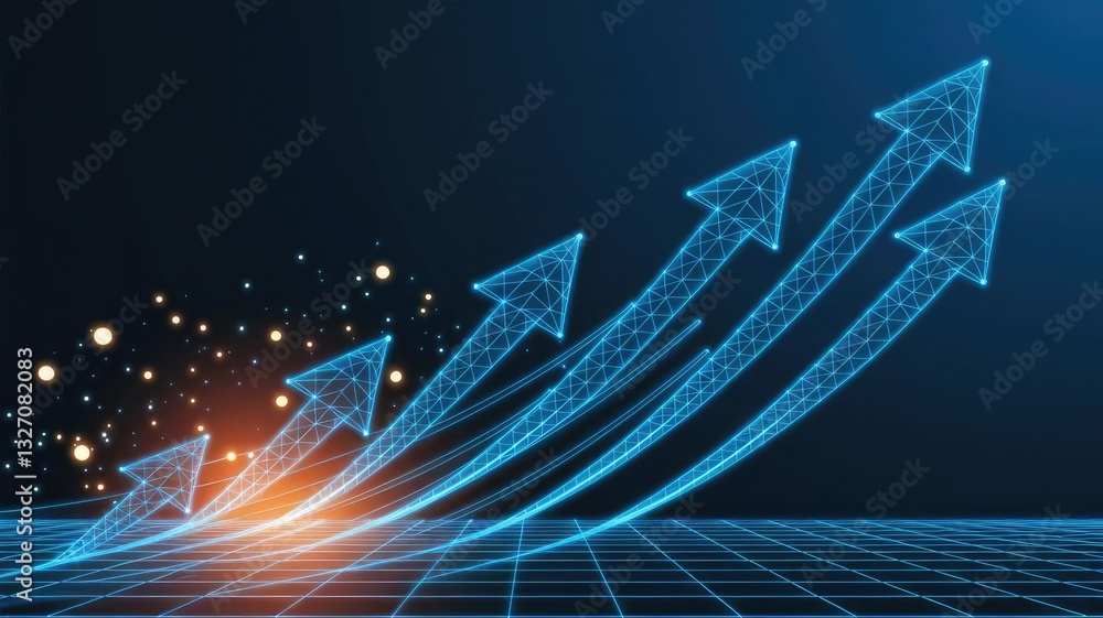 Poster diagonal stream of growth up arrows in blue futuristic style on dark technology background with glow