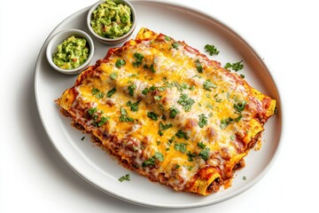 Delicious enchiladas topped with melted cheese and cilantro served on a plate with guacamole dips