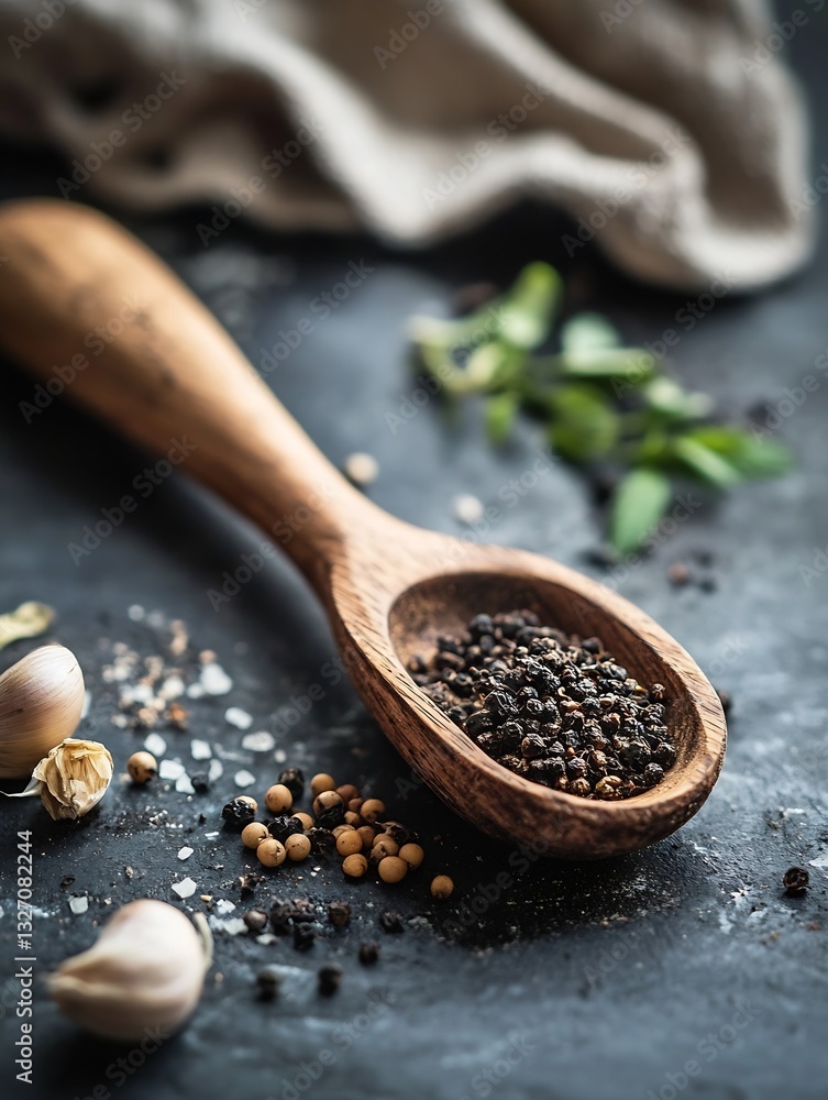Poster close up of black pepper and garlic on a rustic wooden spoon with seasonings on a dark table : gener
