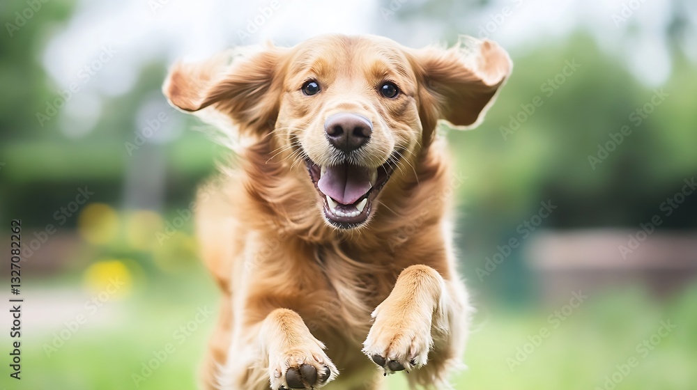 Poster Happy Golden Retriever Dog Joyfully Leaping Through a Green Field on a Bright Day : Generative AI
