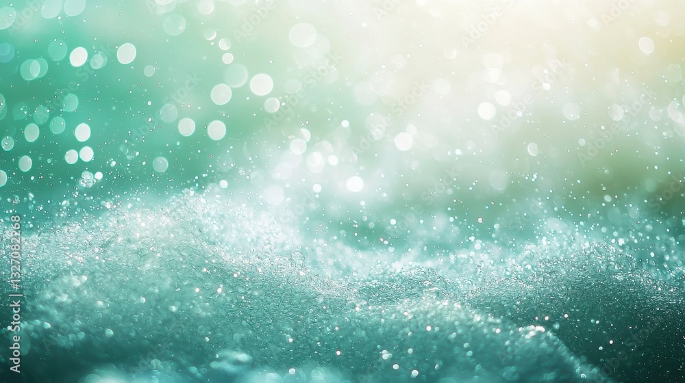 Poster ethereal seafoam dreamscape, a mesmerizing blend of shimmering particles and gentle waves in soft gr