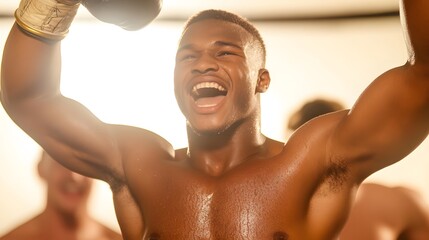 Victory's Echo: A jubilant boxer, drenched in sweat and brimming with triumph, raises gloved fists in the air, his exhilaration echoing throughout the arena.