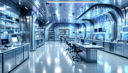 Fototapeta premium A futuristic laboratory with sleek, metallic surfaces and advanced technology, featuring rows of computers and scientific equipment amidst a sterile environment.