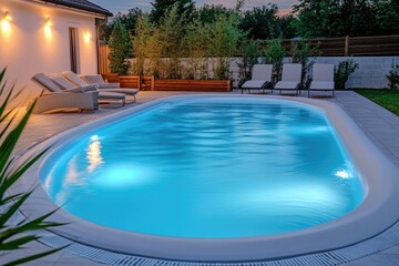 A personable swimming pool scene with lounge chairs and sunbathing area, suitable for summer fun or relaxation