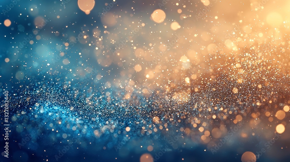 Poster soft terracotta and dusty blue shimmering waves, abstract grainy texture, sparkling particles create
