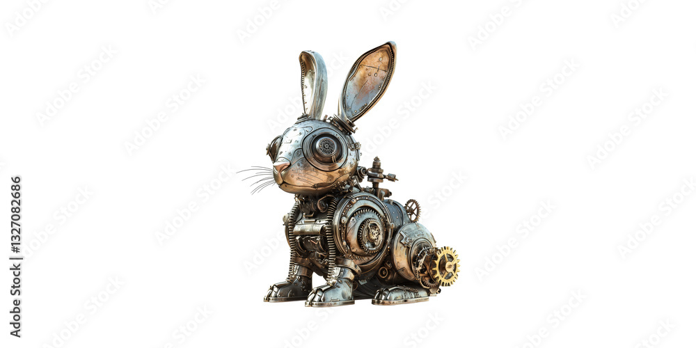 Poster steampunk mechanical rabbit sculpture. futuristic robotic design with intricate gear isolated on tra