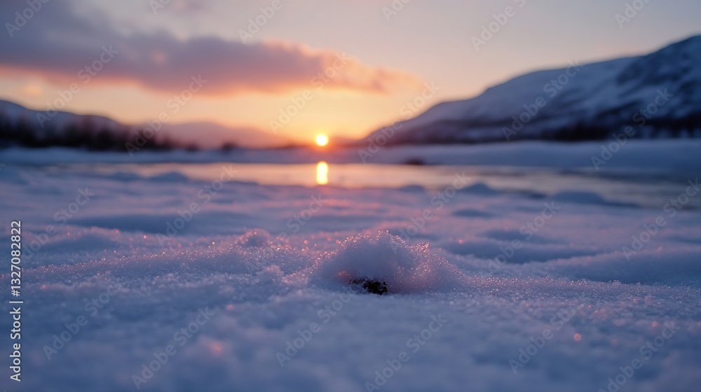 Poster beautiful snowy landscape at sunset with soft colors and reflection in calm water : generative ai