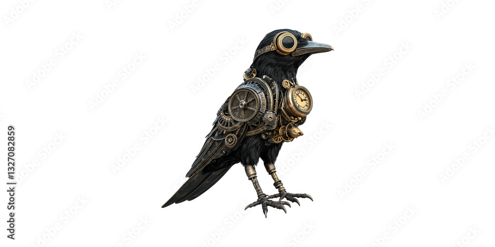 Poster steampunk mechanical crow with gears and clock elements isolated on transparent background