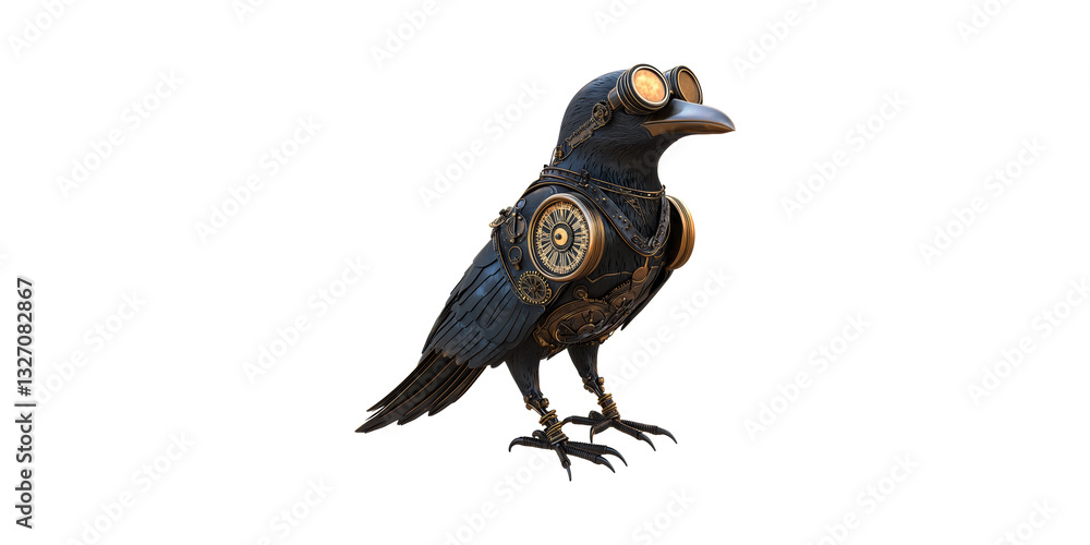Poster steampunk mechanical raven with gears and goggles. futuristic avian design isolated on transparent b