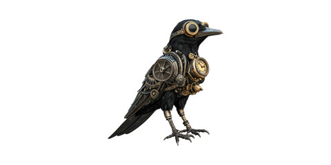Fototapeta premium Steampunk Mechanical Crow With Gears And Clock Elements Isolated On Transparent Background
