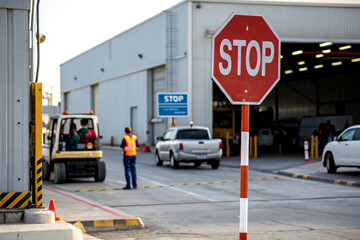 A stop sign is prominently displayed near a warehouse, with a worker directing traffic and a forklift in the background.