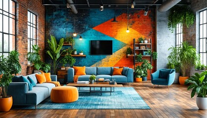 A modern industrial style living room with exposed brick walls and a mix of natural elements.
