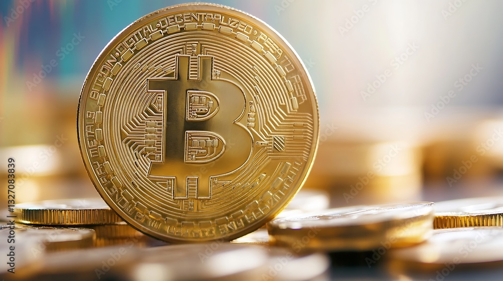 Leinwandbilder Shiny Bitcoin coin in focus with blurred crypto currencies in the background creating intrigue : Generative AI