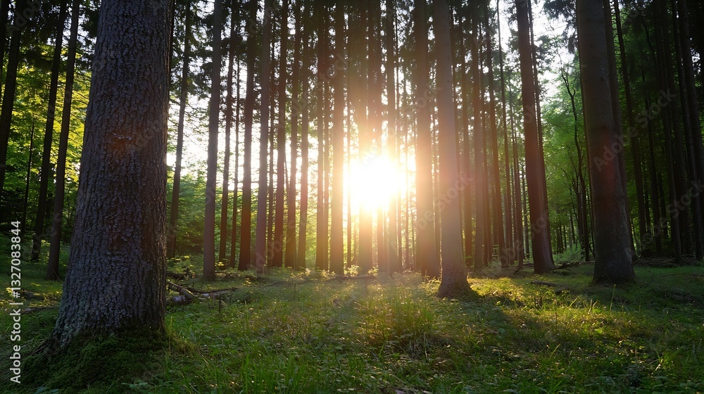 Aufkleber stunning sunset shining through tall trees in a tranquil forest scene : generative ai