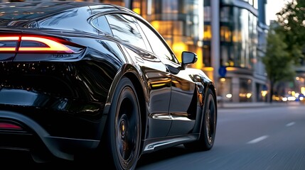 Obraz premium Sleek black sports car driving on a city street with modern architecture in the background illustrating luxury and speed : Generative AI