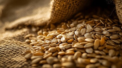 Scattered Sunflower Seeds on Burlap Background Showing Natural Light Texture