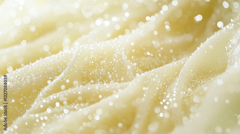 Poster elegant abstract waves of glitter, shimmering particles dance in a soft bokeh of butter yellow and o