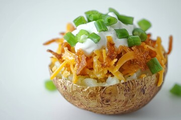 Delicious loaded baked potato with sour cream cheese cheddar cheese and green onion on a light background