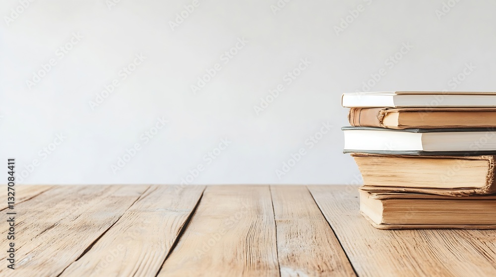 Poster Stack of vintage books on a rustic wooden table in a bright environment : Generative AI