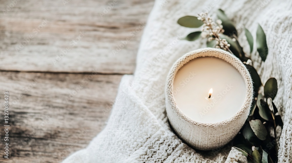 Poster elegant candle arrangement on textured fabric with natural green leaves adding organic touch : gener
