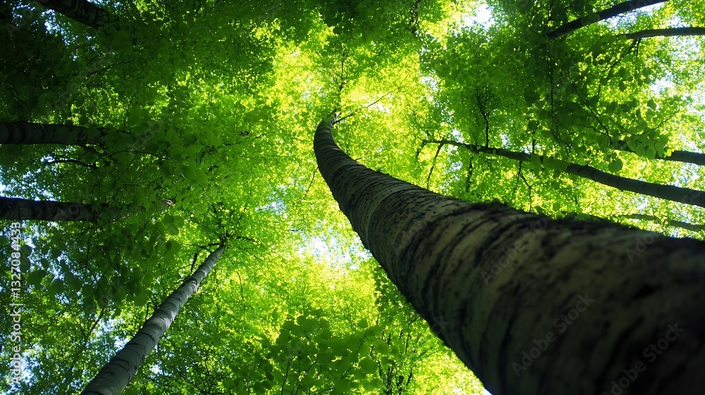 Poster stunning view of tall trees reaching towards a bright green canopy in a serene forest landscape : ge