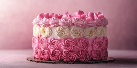 Beautiful pink cake decorated with swirls and petals for special celebrations or parties