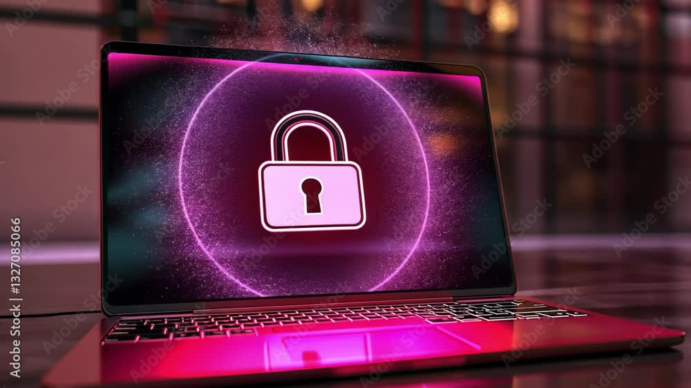 Poster secure laptop with lock symbol on screen embracing cybersecurity, data protection, and modern techno