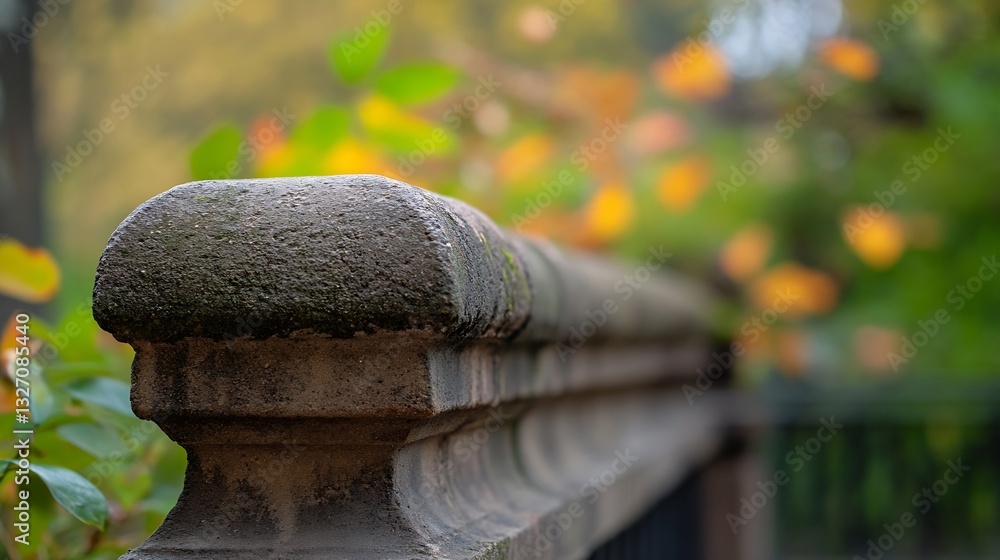Poster close up of a historical stone railing with vibrant autumn foliage in the background reflecting a se