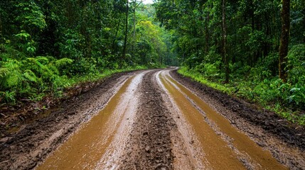 Muddy jungle path through lush green forest in rainy season