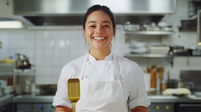 Joyful Culinary Artist: A beaming chef, adorned in pristine attire, radiates warmth as she welcomes the viewer, setting the stage for a culinary adventure in her vibrant kitchen.