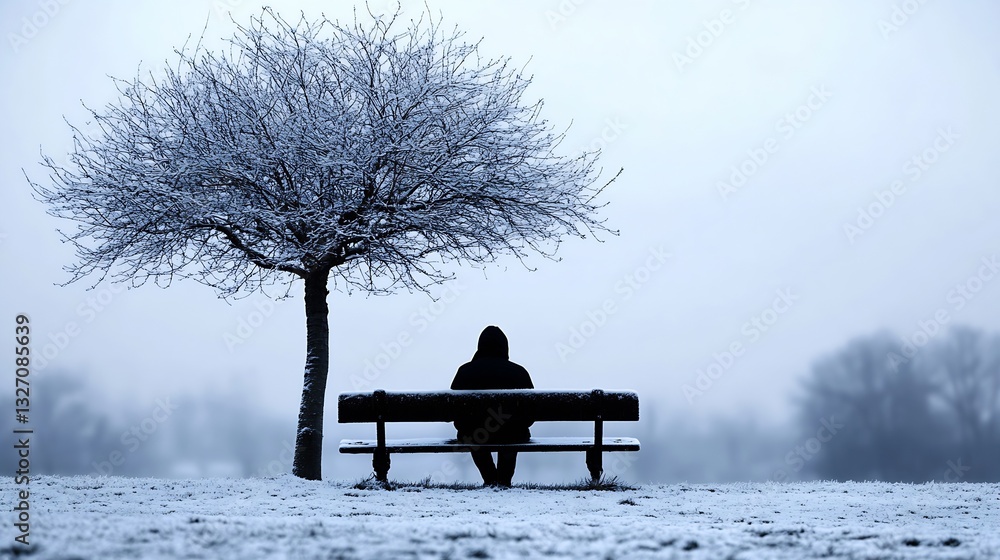 Poster a solitary figure sitting on a snowy bench under a frosty tree in a tranquil winter landscape : gene