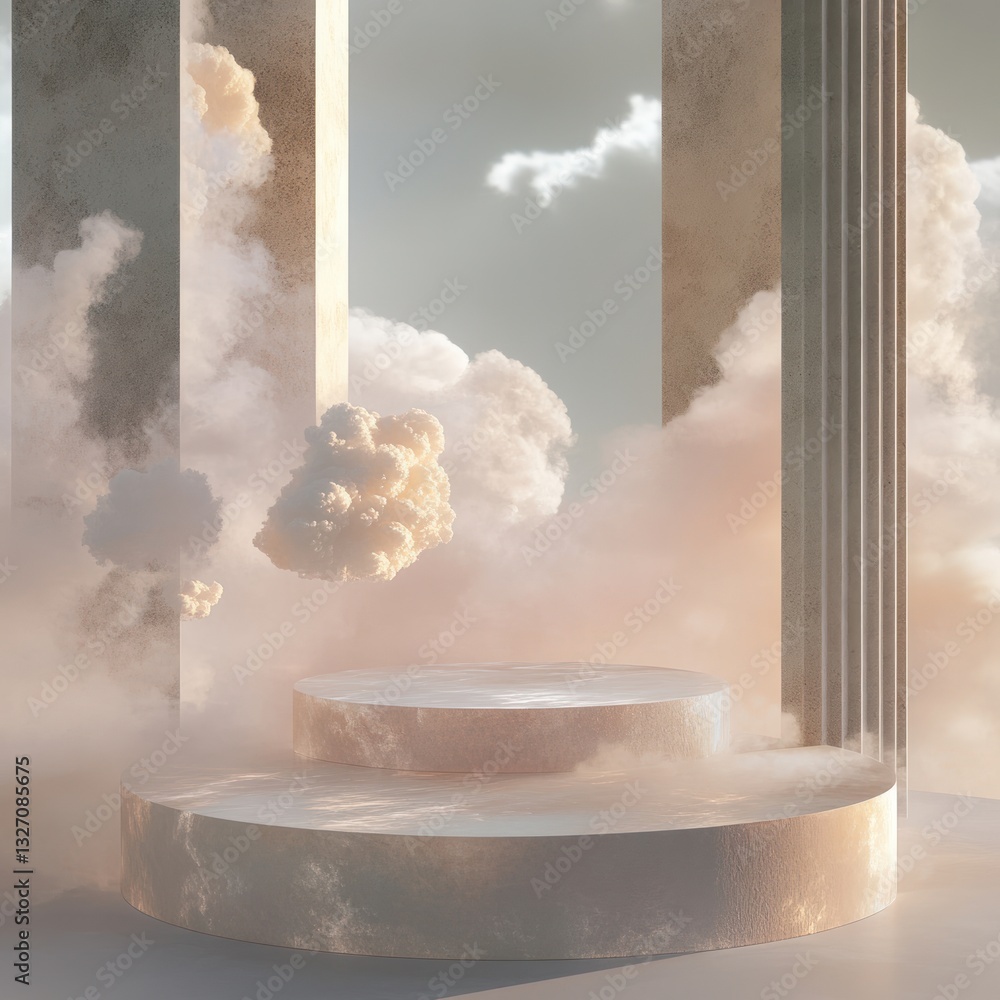 Poster ethereal platform backdrop in celestial ambiance and dreamy clouds soft light for luxurious product 