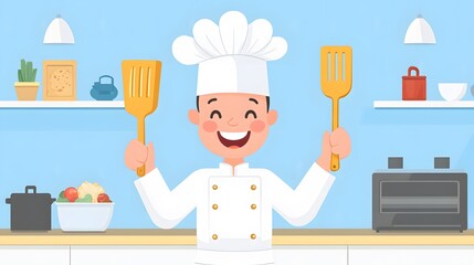Chef's Kitchen Bliss: A jovial chef, adorned in a pristine white uniform and toque, brandishes kitchen utensils, radiating warmth and culinary expertise.