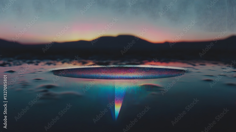 Poster circular object reflecting multicolored light over tranquil water surface
